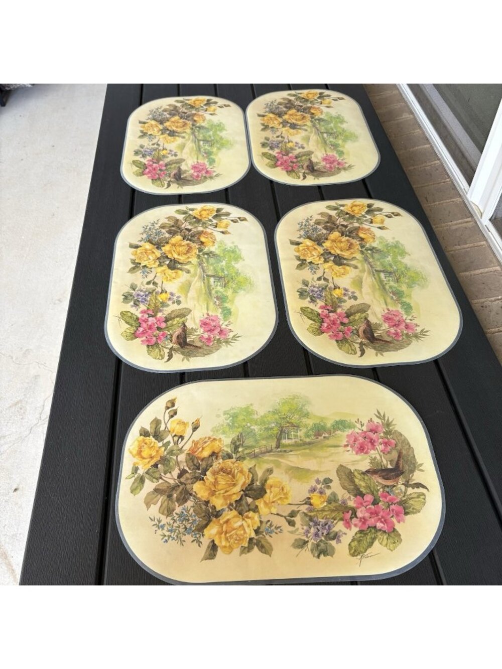 Vintage Floral And Bird Placemats Set Of 5 Yellow Roses Reversible Laminated